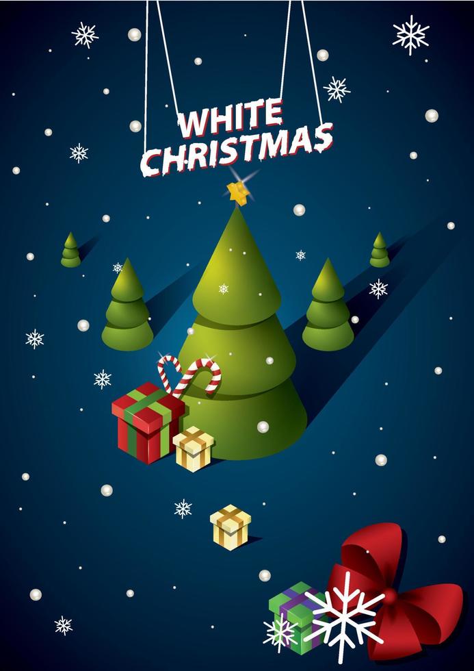 Frohe Weihnachten-Poster, Weihnachtsfeier mit Geschenkbox, grünen Tannenzweigen, Zuckerstange und Holly Berry. vektor