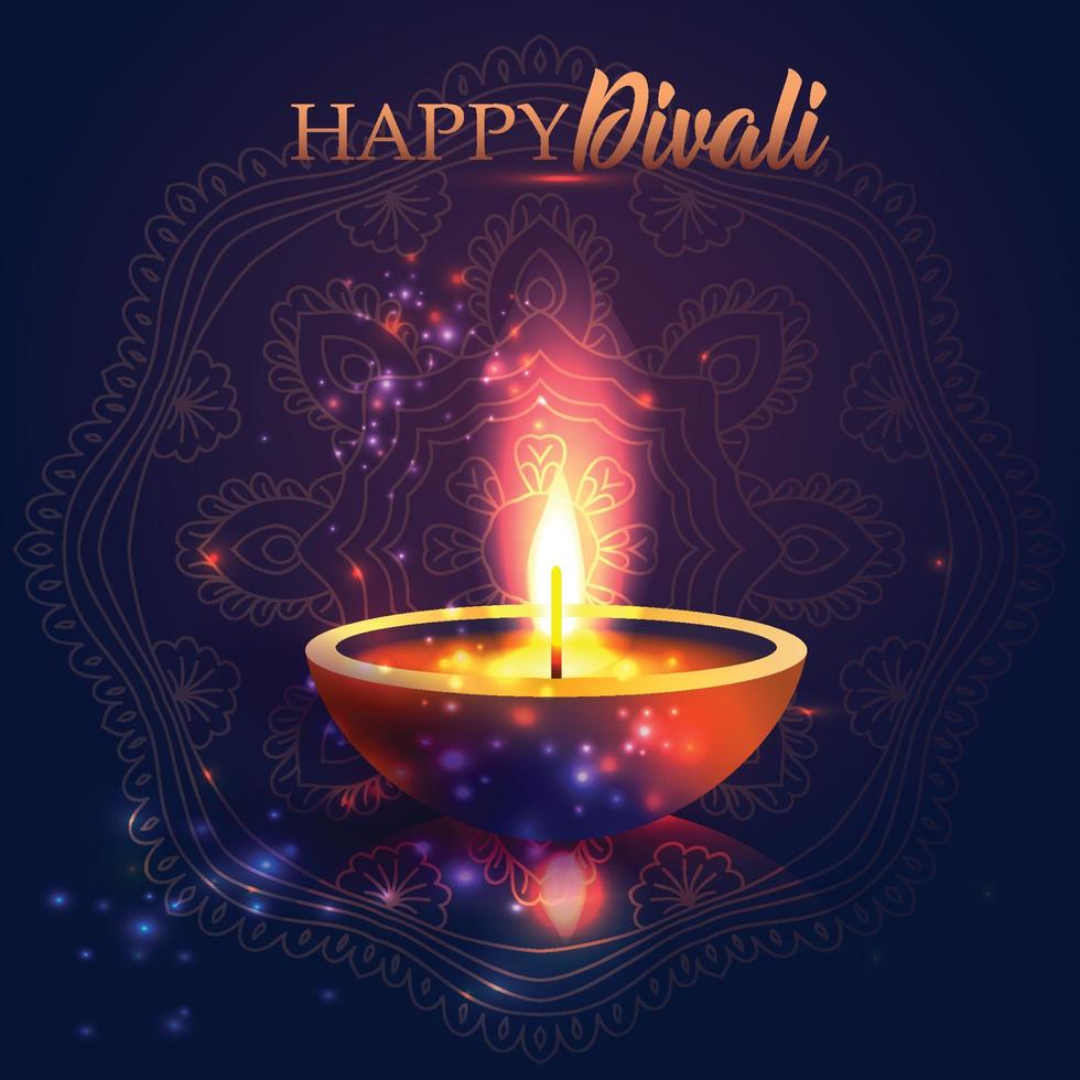 glad diwali festival av ljus. retro oljelampa på bakgrunden natthimlen. kalligrafi hand bokstäver text. vektor illustration.