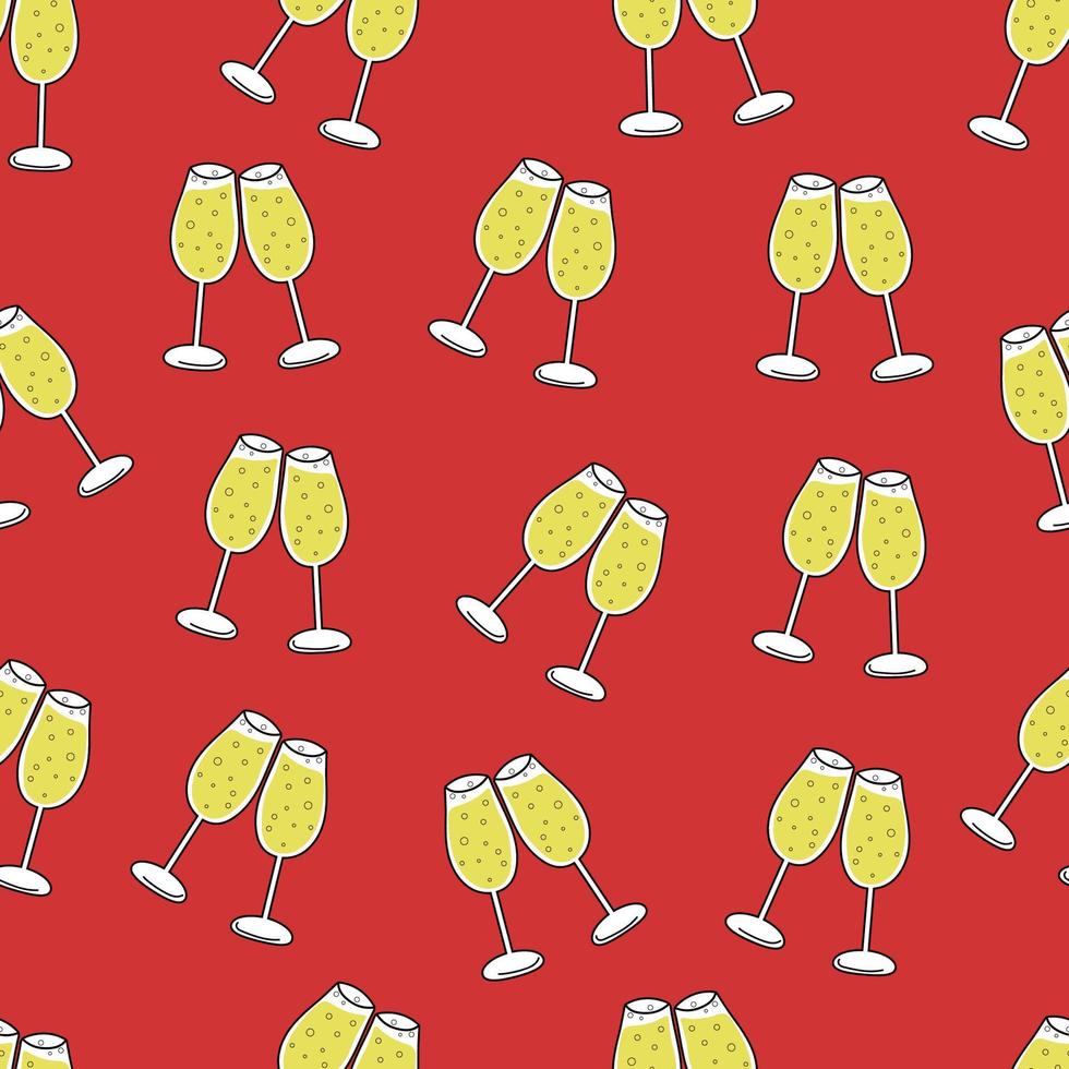 nahtloses Muster von Gläsern Champagner auf rotem Grund. Weihnachten, Neujahr und Konzept feiern. vektor