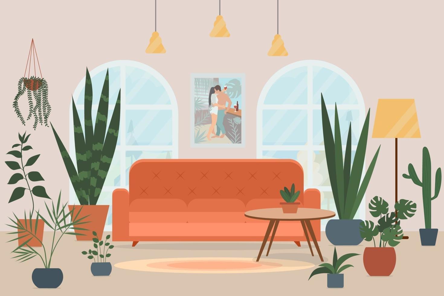 mysig vardagsrumsinredning med soffa, två stora fönster och växter som växer i krukor. platt stil vektorillustration. vektor