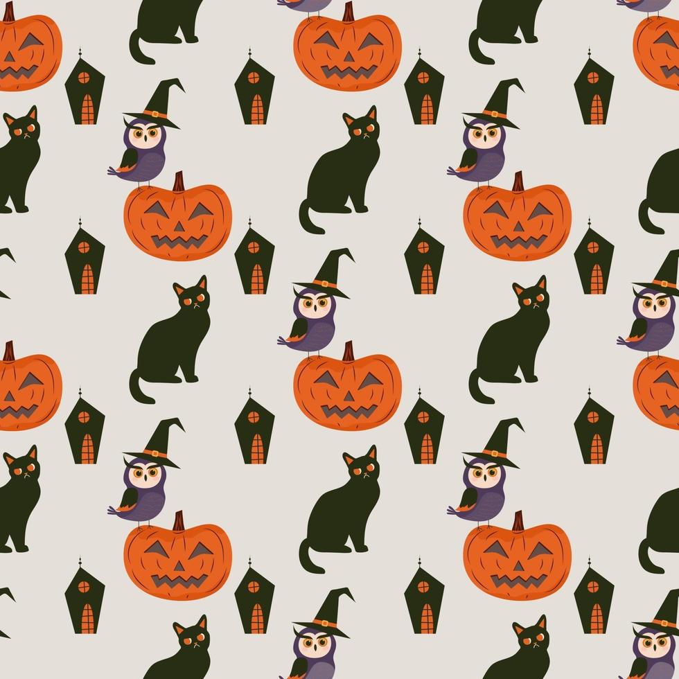 Halloween nahtloses Muster, mit Kürbis, Katze und Eule im Hut einer Hexe. vektor