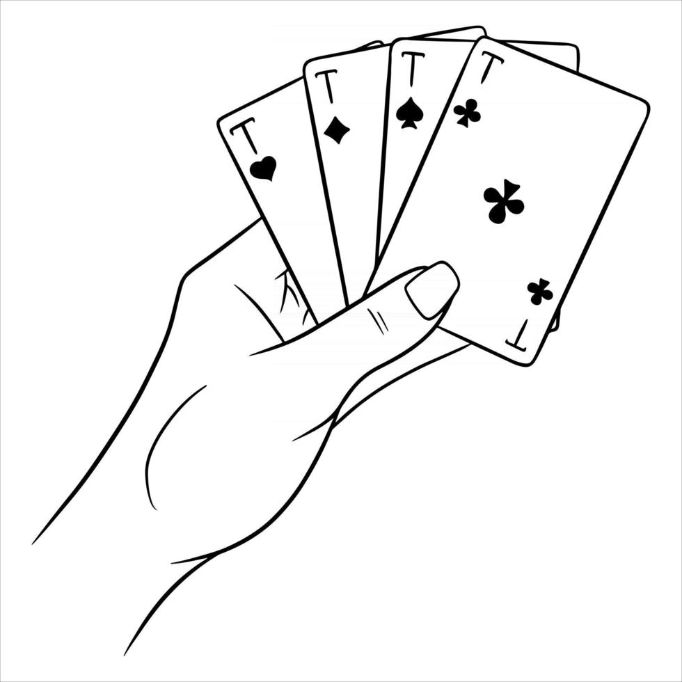 Glücksspiel. Spielkarten in der Hand. Casino, Glück, Fortuna. vier Asse. vektor