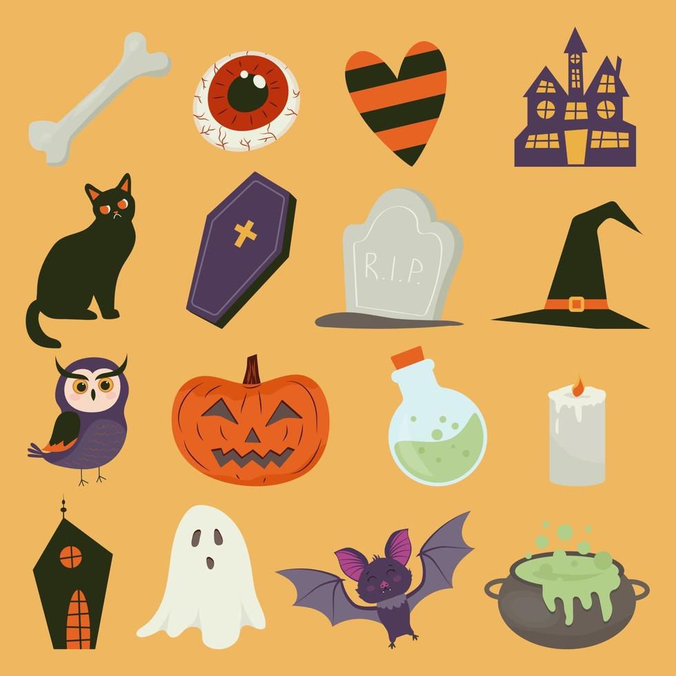 söt vektoruppsättning med halloween-illustrationer, pumpa, spöke, katt, fladdermus, klubba, trolldryck, ben, skalle, gravplatta, kista, uggla, öga, häxhatt. vektor