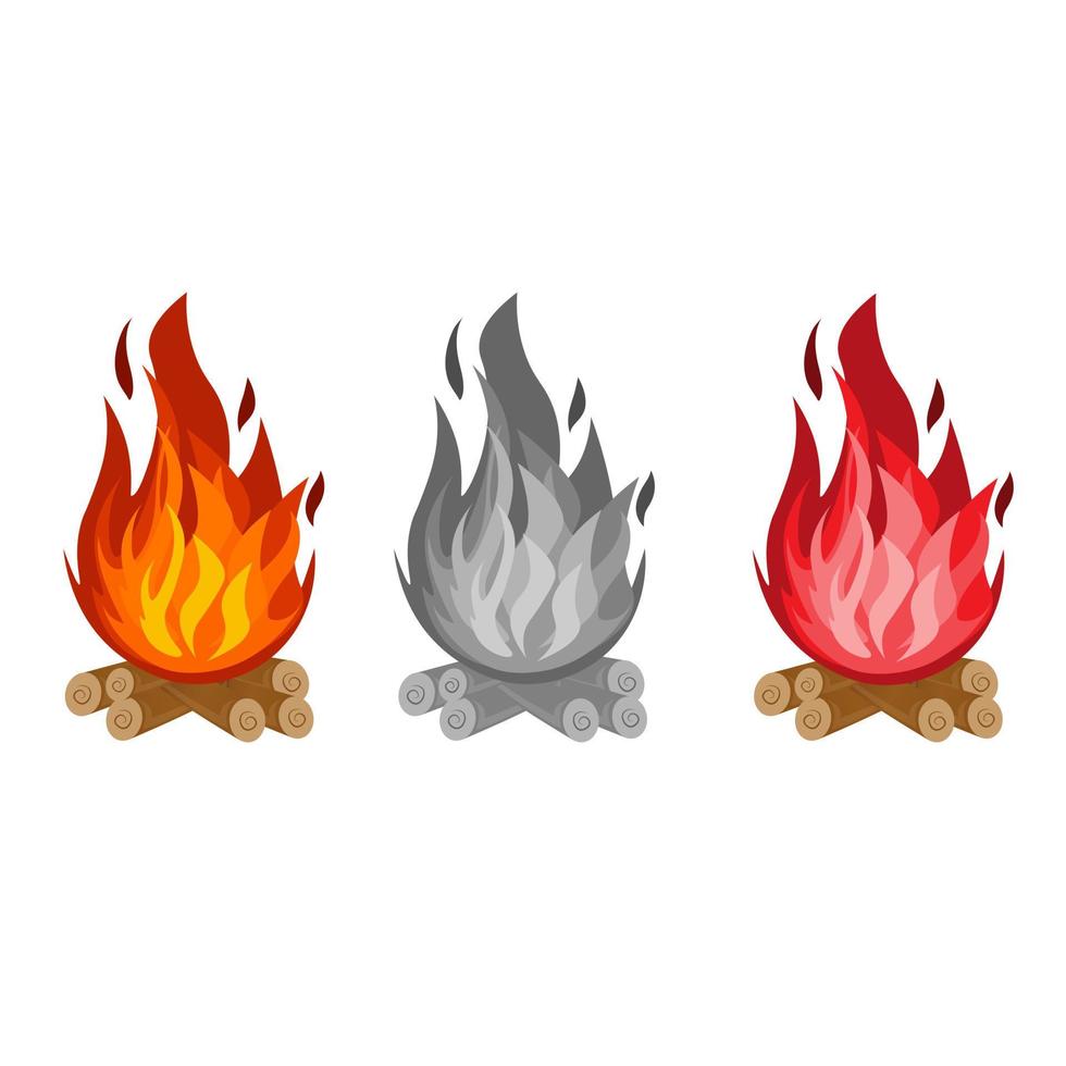rote, schwarze und orange Feuerflammen auf Holz oder Lagerfeuer. Vektor-Illustration wird auf weißem Hintergrund gemacht. vektor