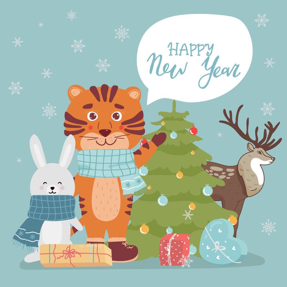 gratulationskort med djur. rådjur, tiger, hare, träd, presenter. tiger med en julgran. tiger. djur hälsar och önskar gott nytt år vektorillustration. tecknad serie vektor