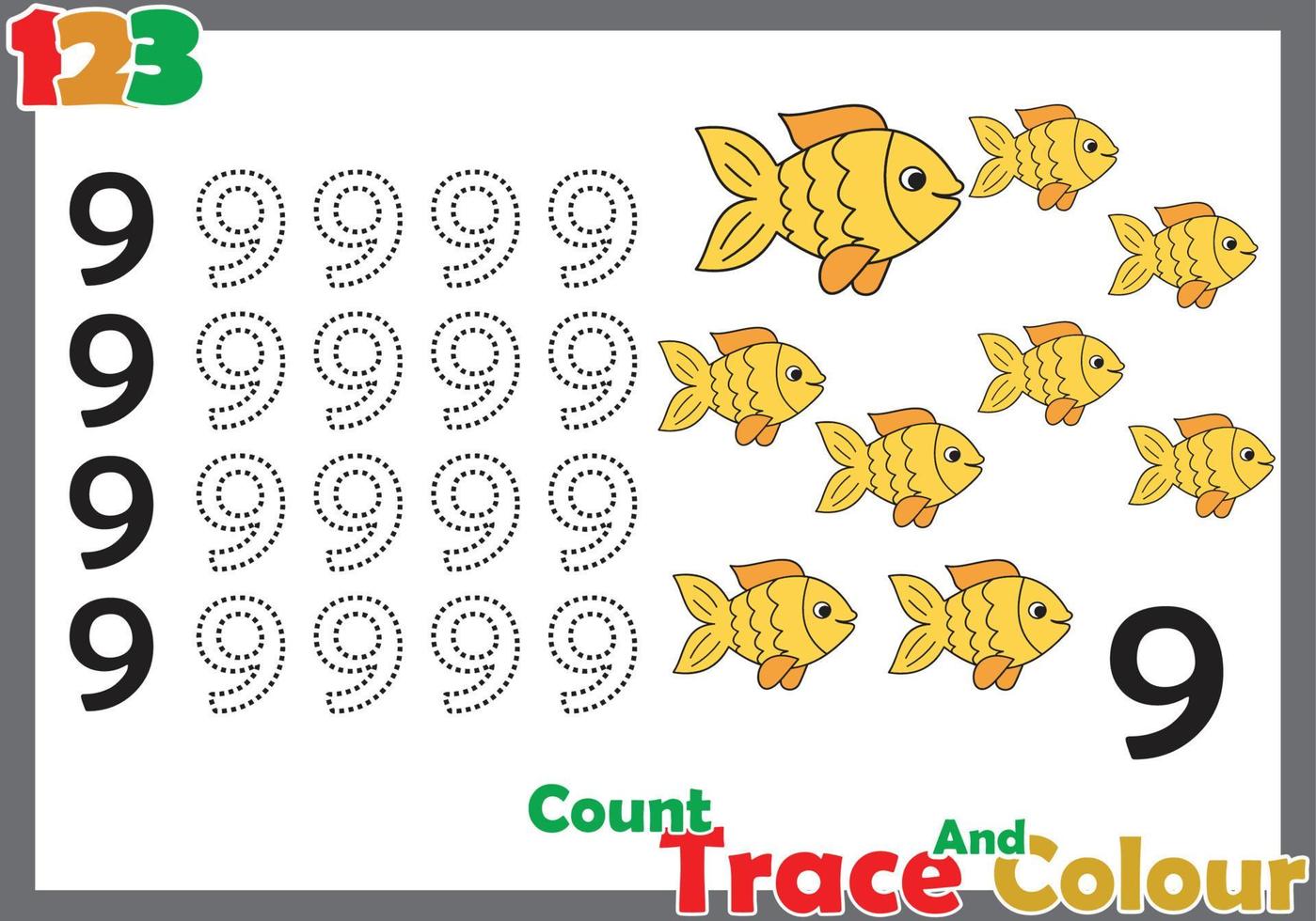 Zahlenspur und Farbe mit Fisch für Kinder vektor