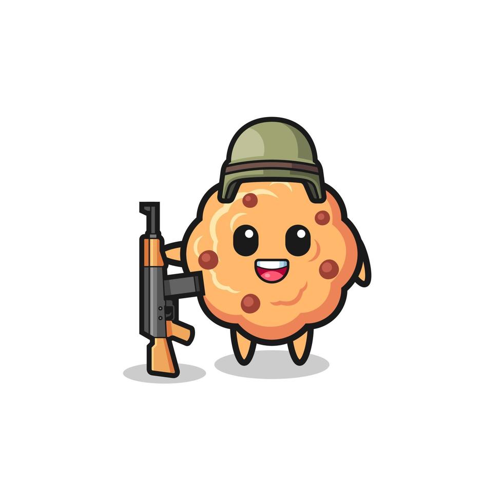 söt chocolate chip cookie maskot som soldat vektor