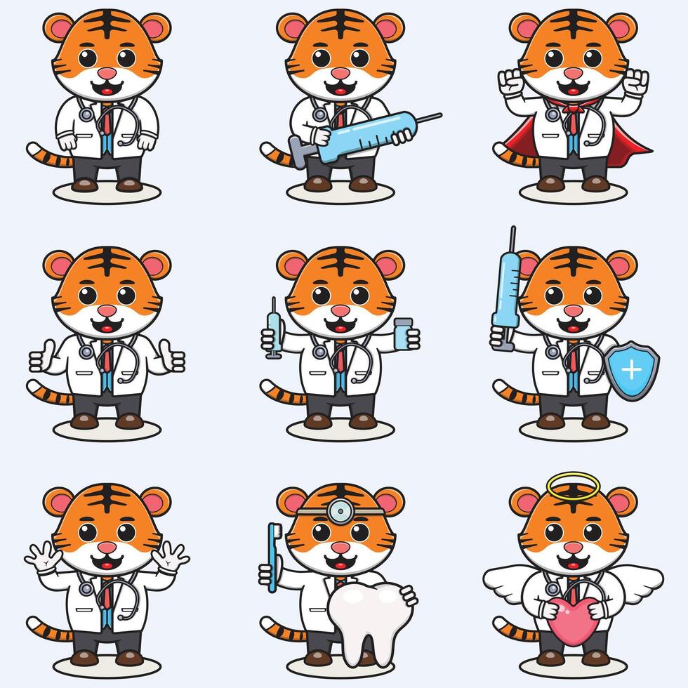 Vektor Illustration von süß Tiger Karikatur mit Arzt Kostüm. einstellen von süß Tiger Figuren. Sammlung von komisch wenig Tiger.