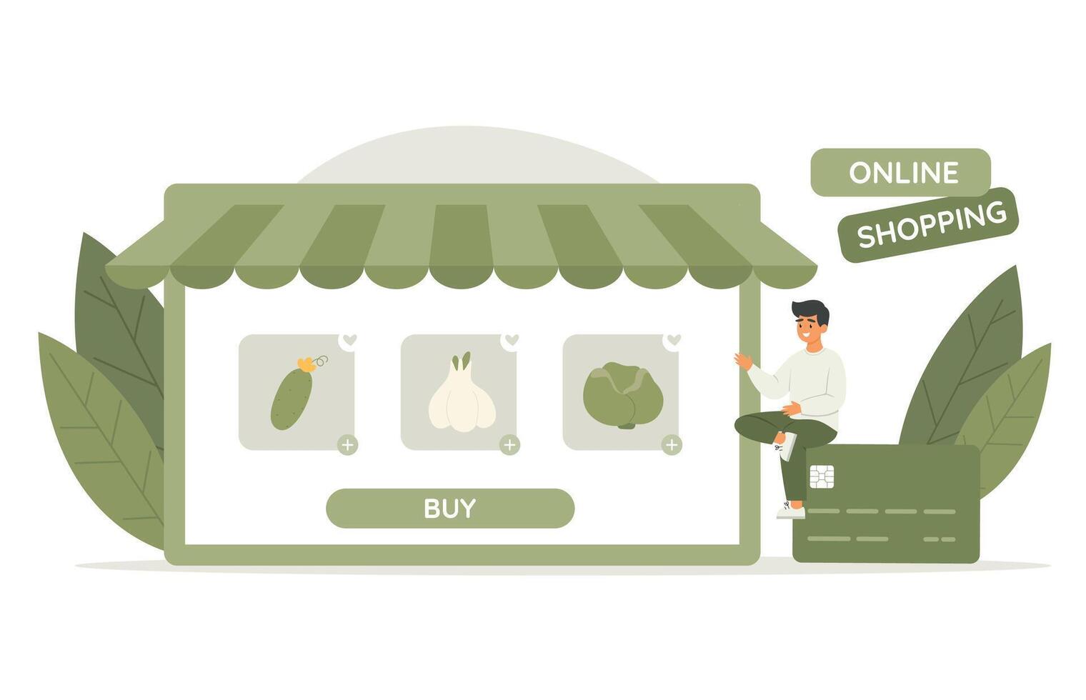 Mann Charakter wählen frisch Gemüse von speichern. online Einkaufen Service. Vektor Illustration im eben Stil