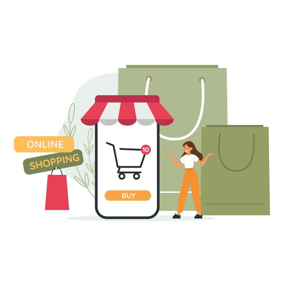 online Einkaufen Konzept. Einkaufen Wagen auf Telefon Bildschirm. E-Commerce. Einkaufen Taschen. eben Vektor