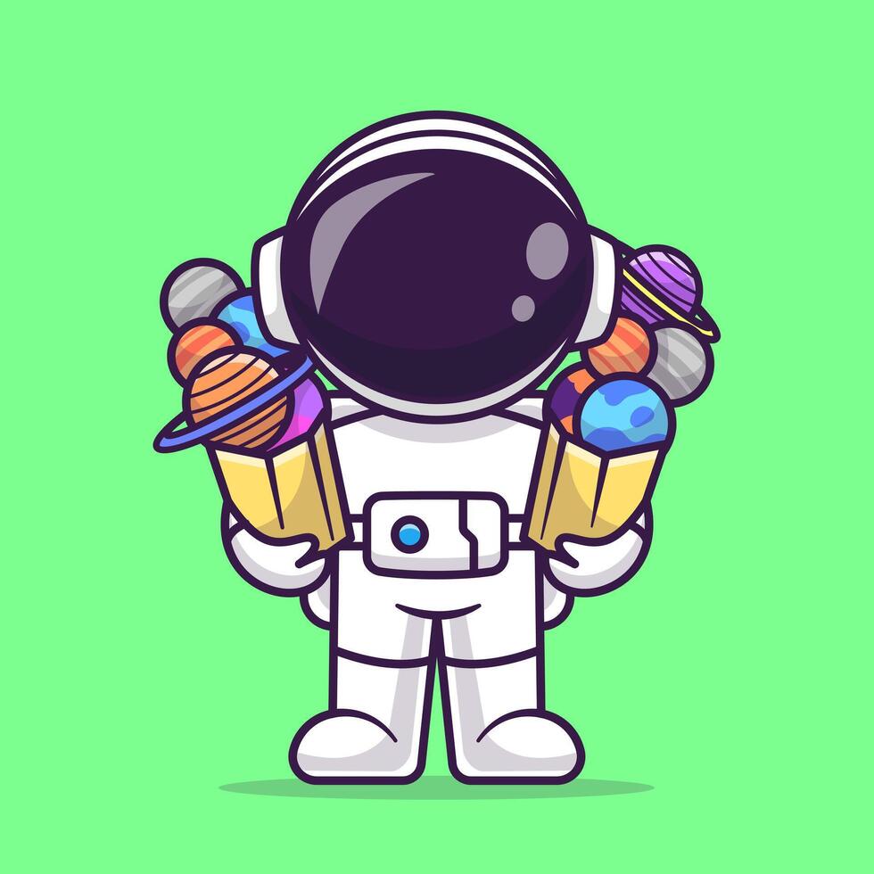 süß Astronaut bringen Planet Raum im Papier Tasche Karikatur Vektor Symbol Illustration. Wissenschaft Technologie Symbol Konzept isoliert Prämie Vektor. eben Karikatur Stil