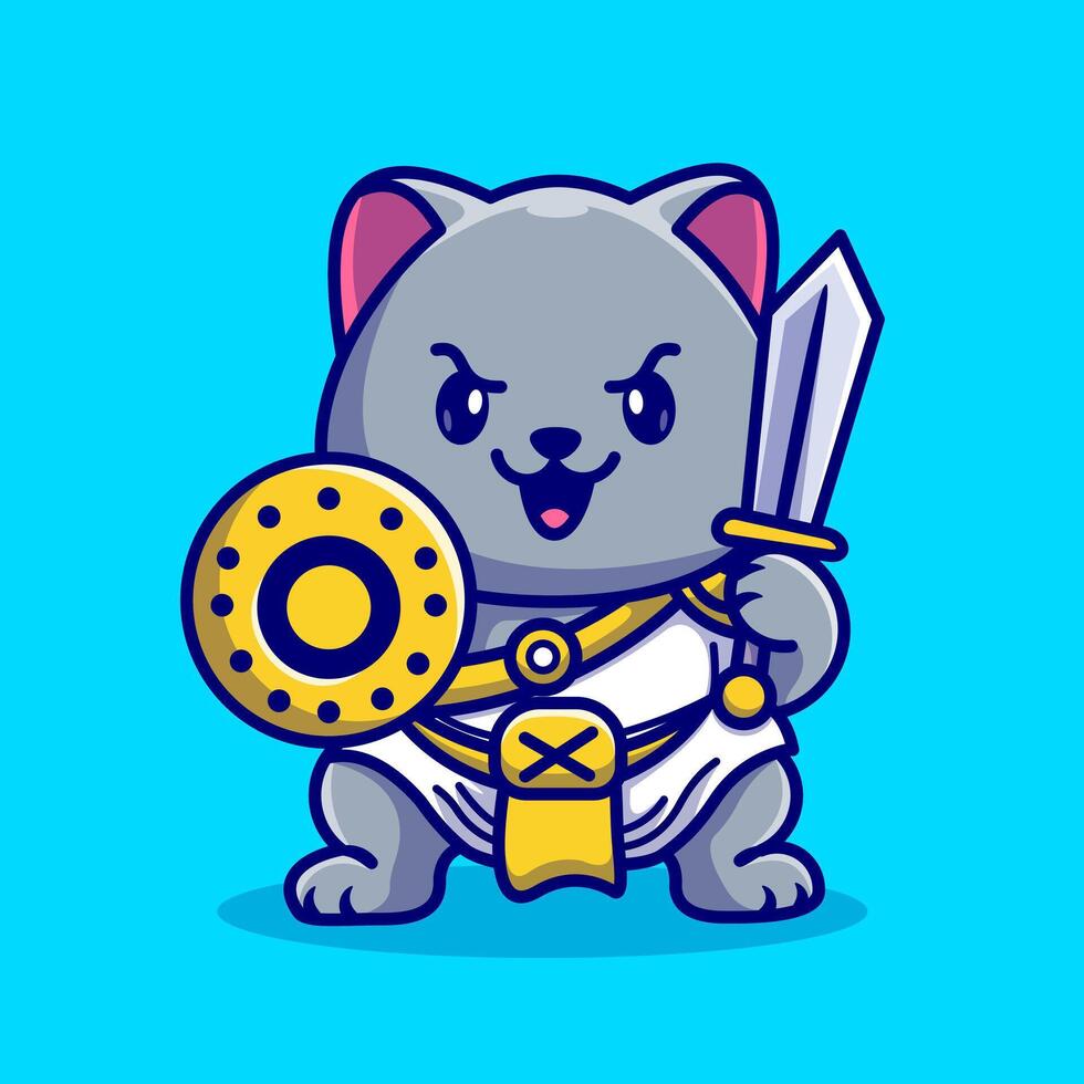 söt katt gladiator krigare innehav svärd och skydda tecknad serie vektor ikon illustration. djur- natur ikon begrepp isolerat premie vektor. platt tecknad serie stil