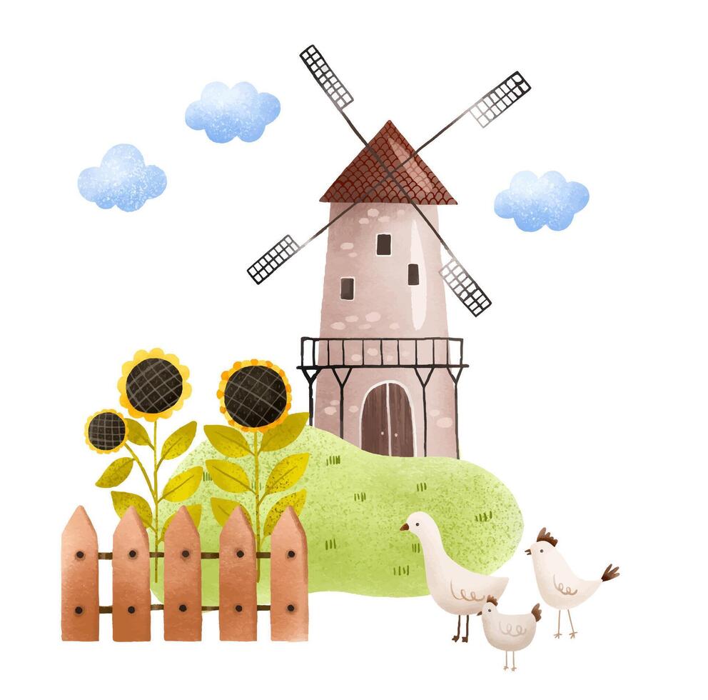 Landschaft mit ein Windmühle in der Nähe von ein See und Tiere Weiden. Bauernhof im das Dorf. süß Kinder- handgemalt Komposition zum Dekor, Karten und Einladungen vektor