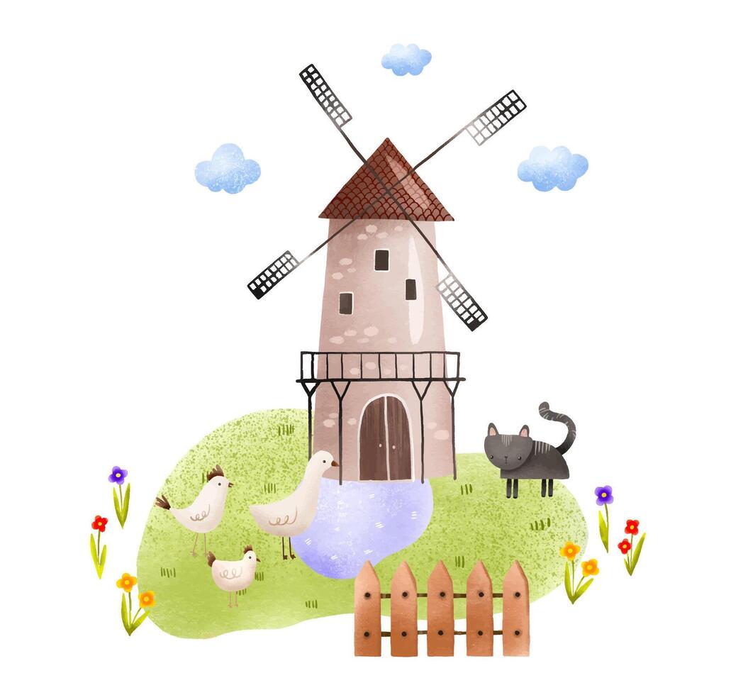 Landschaft mit ein Windmühle in der Nähe von ein See und Tiere Weiden. Bauernhof im das Dorf. süß Kinder- handgemalt Komposition zum Dekor, Karten und Einladungen vektor