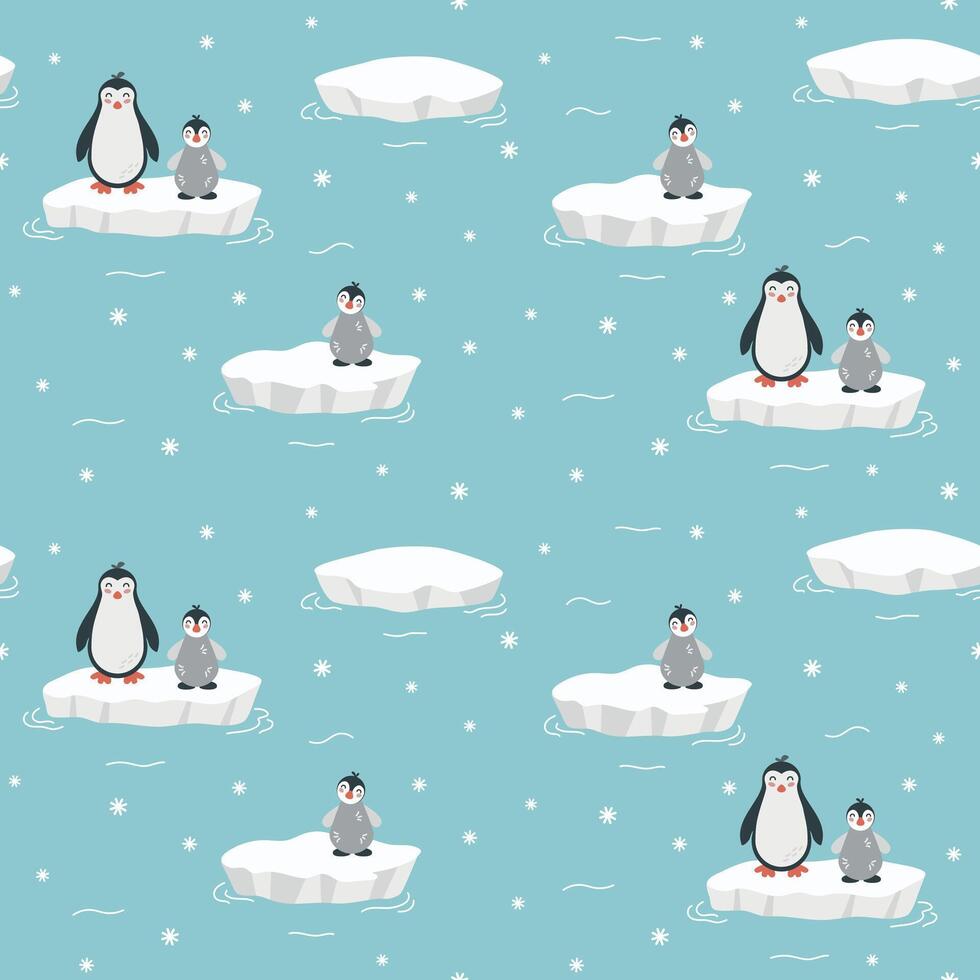 sömlös mönster med söt tecknad serie hand dra bebis pingvin på is isflak på blå bakgrund. design för utskrift, textil, tyg. vektor illustration