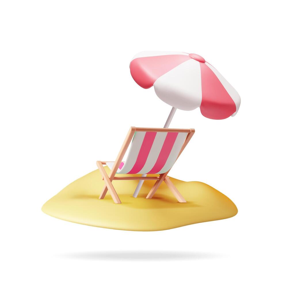3d hölzern Chaise Salon mit Regenschirm isoliert. machen Sonne Liege, Liegestuhl, Sonnenbank, Strand Stuhl. Holz gestreift Deck und Sonnenschirm zum Sonnenbaden auf Urlaub. Vektor Illustration