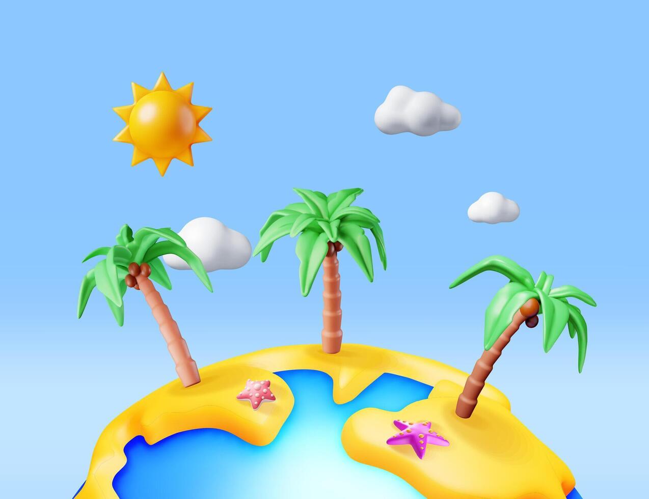 3d Landschaft von Palme Baum auf Strand. machen tropisch Insel mit Seestern. Sonne mit Wolken. Konzept von Sommer- Urlaub. Sommer- Urlaub, Zeit zu Reise. Strand Entspannung. realistisch Vektor Illustration