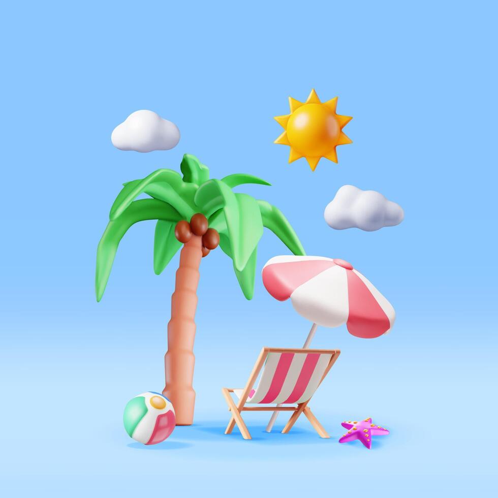 3d Deck Stuhl, schwimmen Ball, Seestern und tropisch Palme Baum. machen Konzept von Sommer- Urlaub. Sommer- Urlaub, Zeit zu Reise. Strand Entspannung. realistisch Vektor Illustration