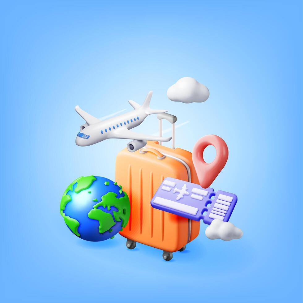 3d Fluggesellschaft Fahrkarte, Reise Tasche, Globus und Flugzeug. machen Papier Fahrkarte mit Flugzeug Symbol, Koffer und Planet Erde. Reise Element. Urlaub oder Urlaub. Transport dokumentieren. Vektor Illustration