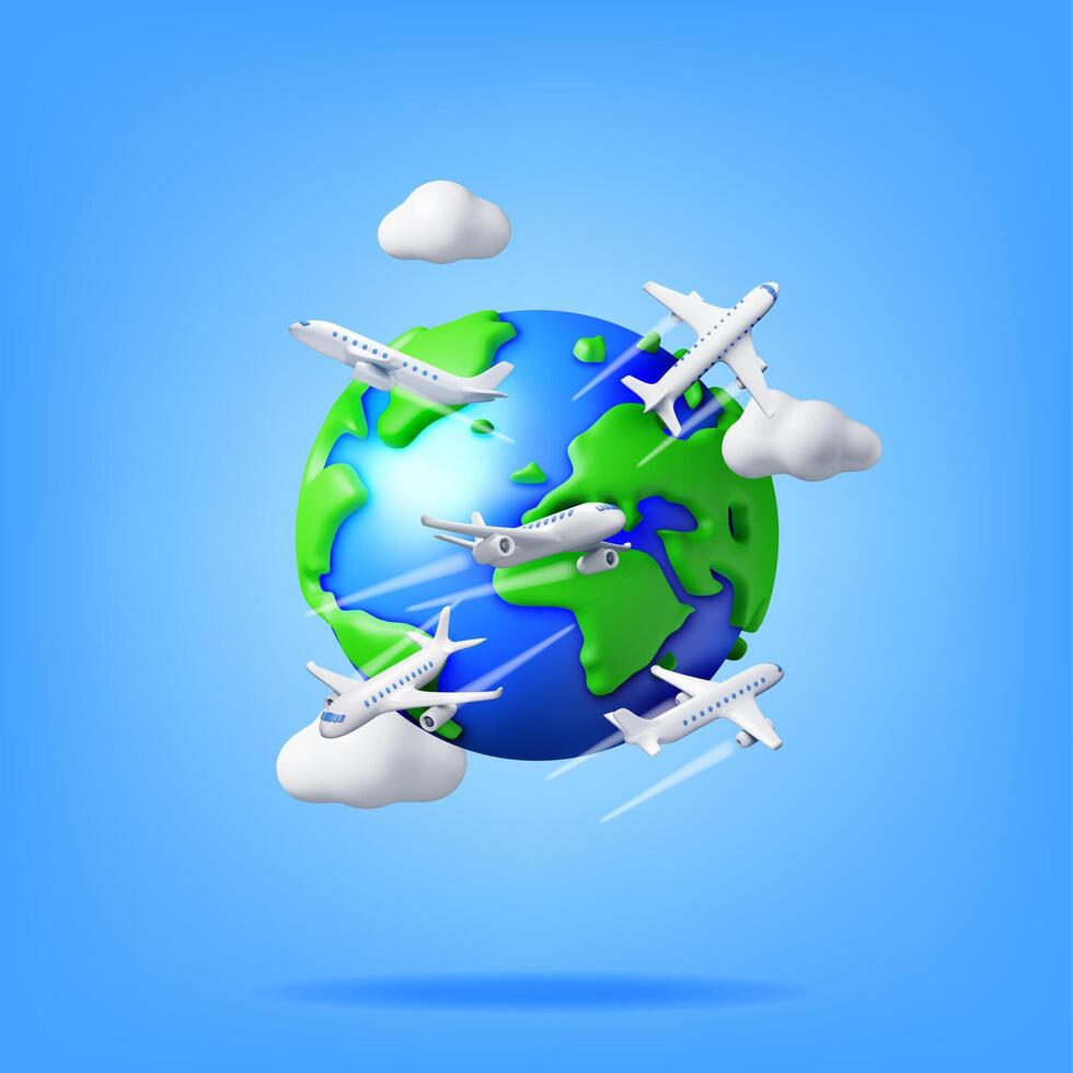 3d Flugzeug im Wolken und Globus isoliert. machen Welt Reisen durch Ebene. Welt Karte mit Flugzeug. Zeit zu Reise Konzept, Urlaub Planung. Tourist weltweit Transport. Vektor Illustration