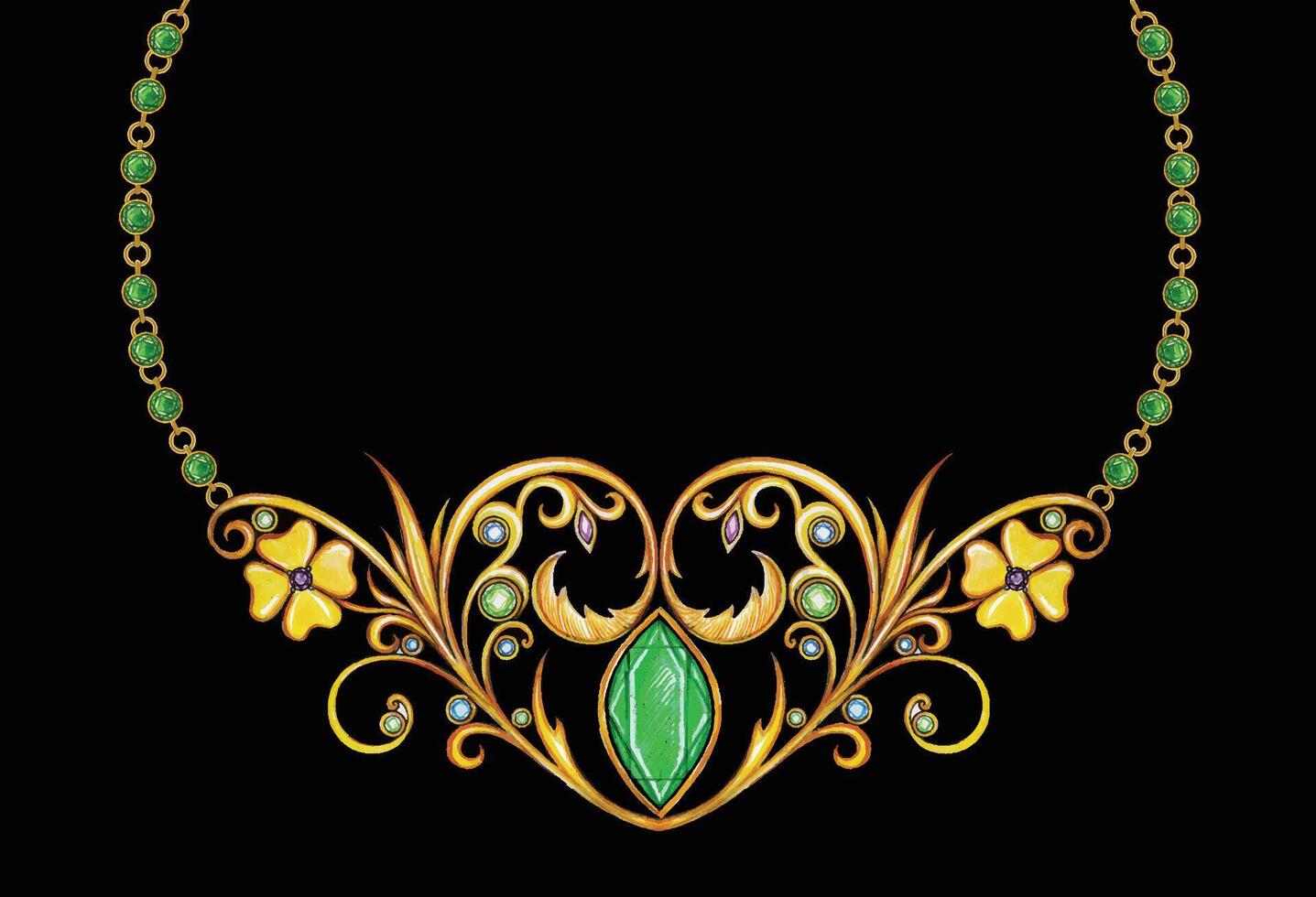 Smycken design årgång konst uppsättning med grön safir guld halsband skiss förbi hand teckning. vektor