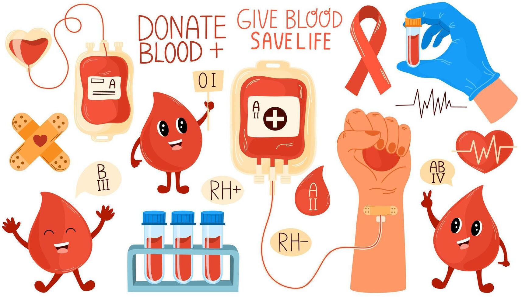 blod givare klistermärken uppsättning, blod väska, hjärtan, söt blod släppa, rh faktor. mänsklig donerar blod. hand dragen vektor illustration