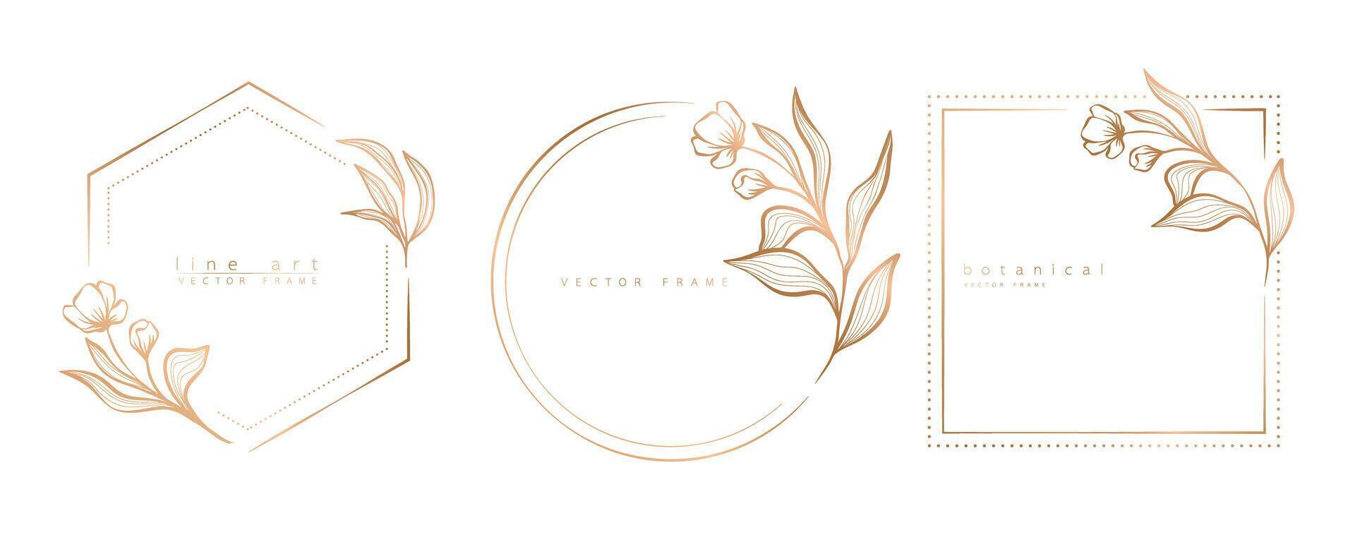 uppsättning av blommig ram mallar i minimal linjär stil med hand dragen grenar och löv. elegant ram. botanisk vektor illustration för etiketter, företags- identitet, bröllop inbjudan, logotyp