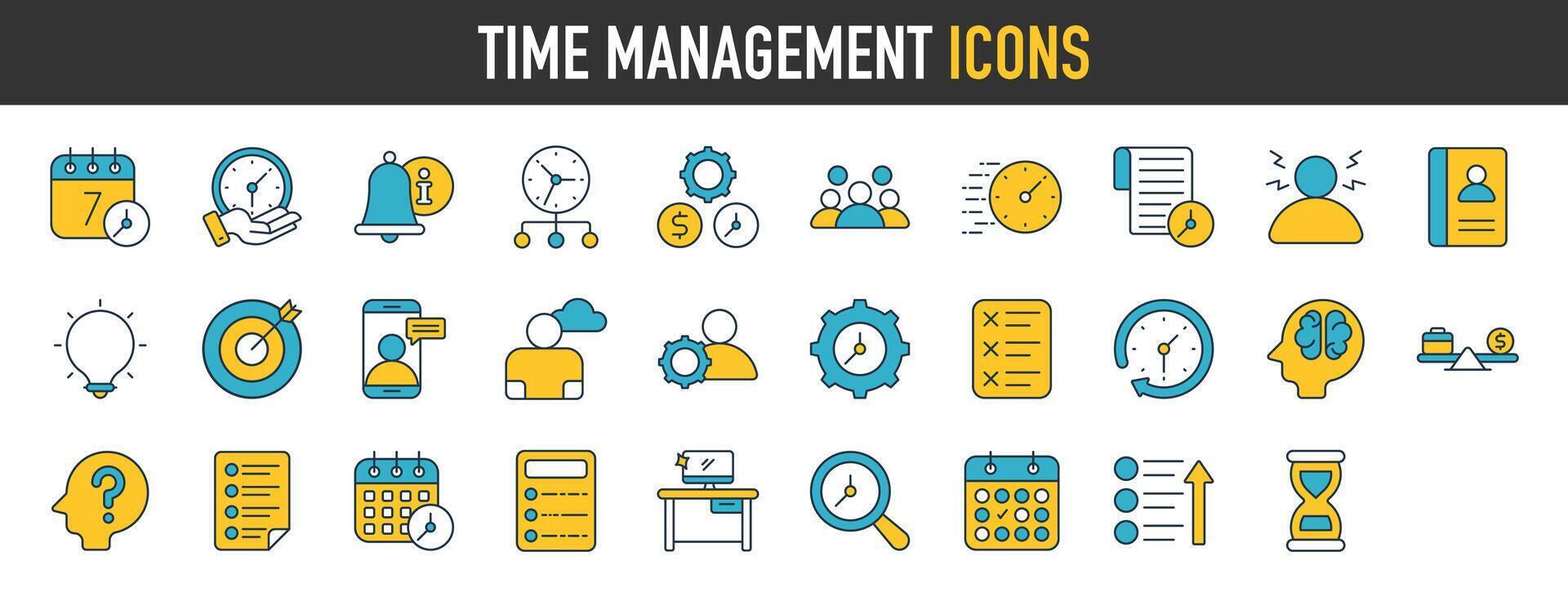 Zeit Verwaltung Symbole. eine solche wie Timer, Alarm, Zeitplan, Sanduhr. einfach Stil Symbol Sammlung. Vektor Illustration