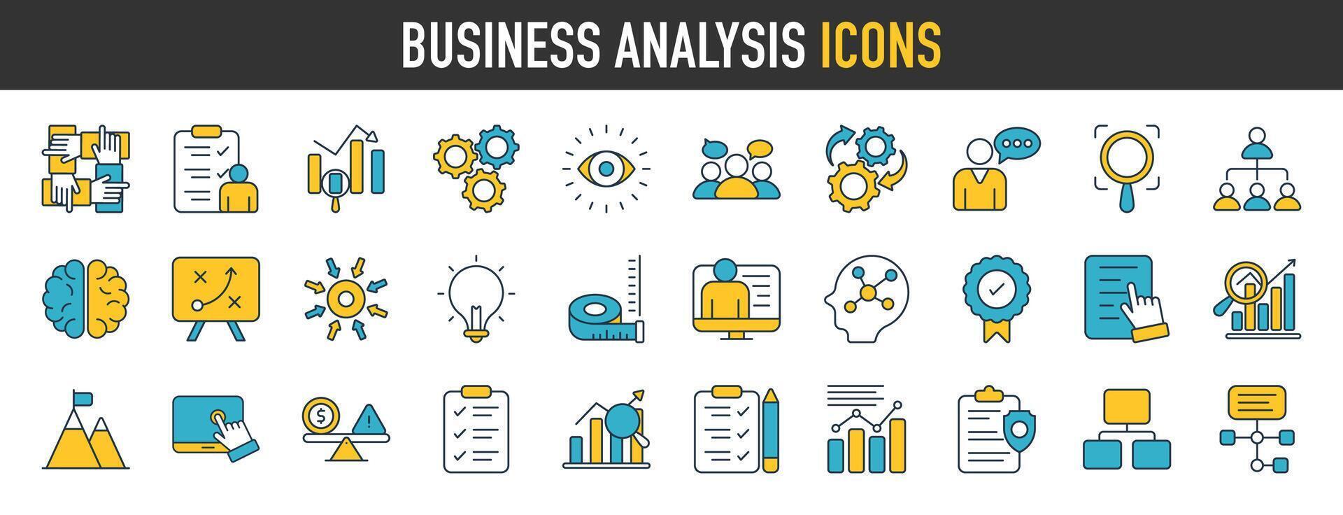 företag analys ikon uppsättning. data bearbetning, planera, schema, strategi, analys, uppgifter, mål och Mer. vektor ikoner samling illustration.