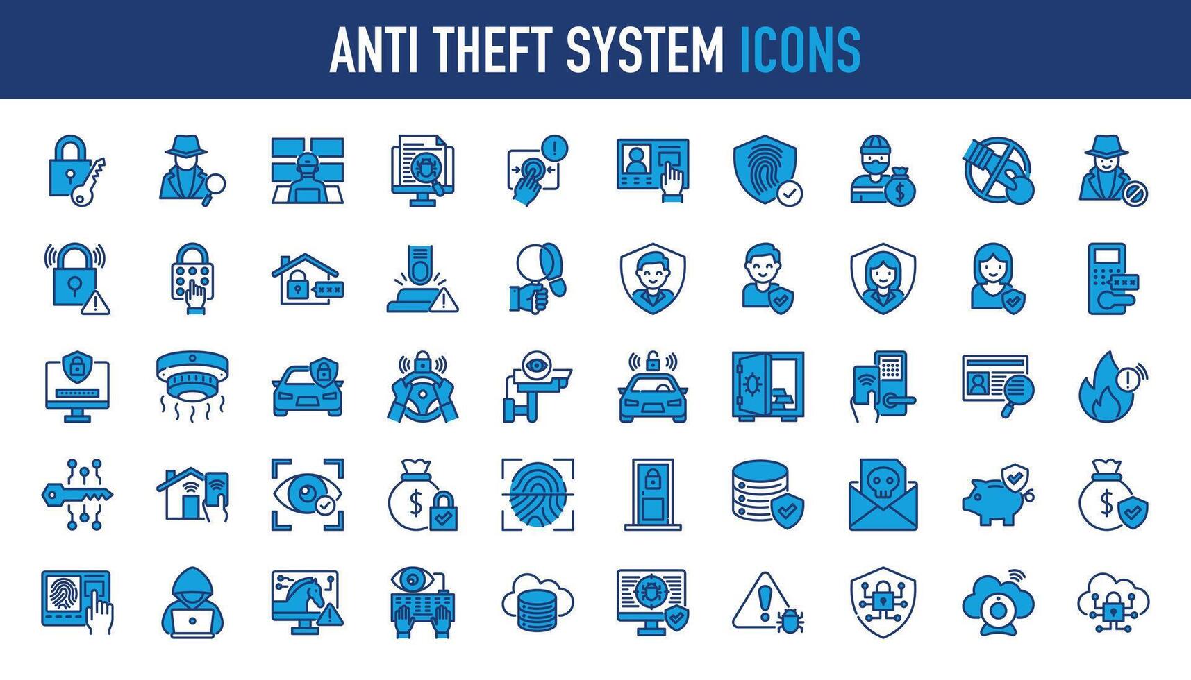 Anti Diebstahl System Symbole Satz. eine solche wie hacken, Terrorist, Passwort, Detektiv, Sicherheit Zimmer, Malware, Gegensprechanlage, Identität Schutz, Alarm, sperren, Entstehung, Schritte, Wolke, Cyber und Mehr Vektor Symbol