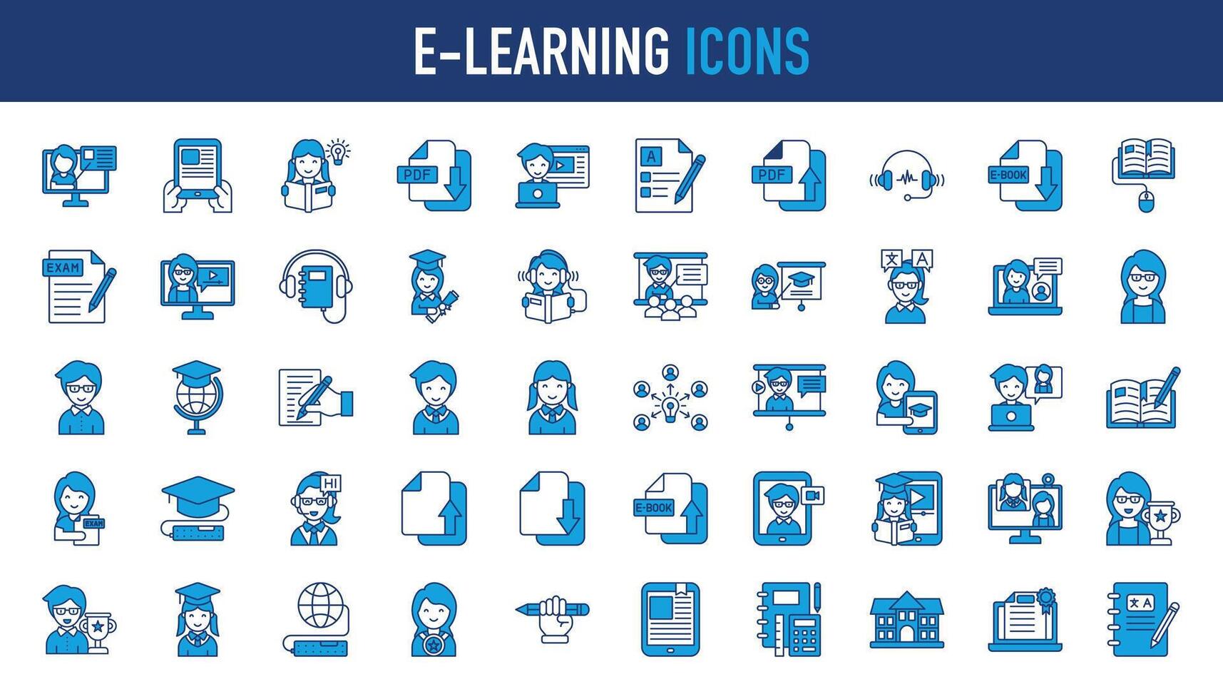 E-Learning Bildung Symbol Satz. eine solche wie Video Unterricht, online Kurs, Audio- Kurs, Abschluss, lehrreich Webseite und Digital Bildung Symbole. Vektor Symbol Sammlung Illustration.