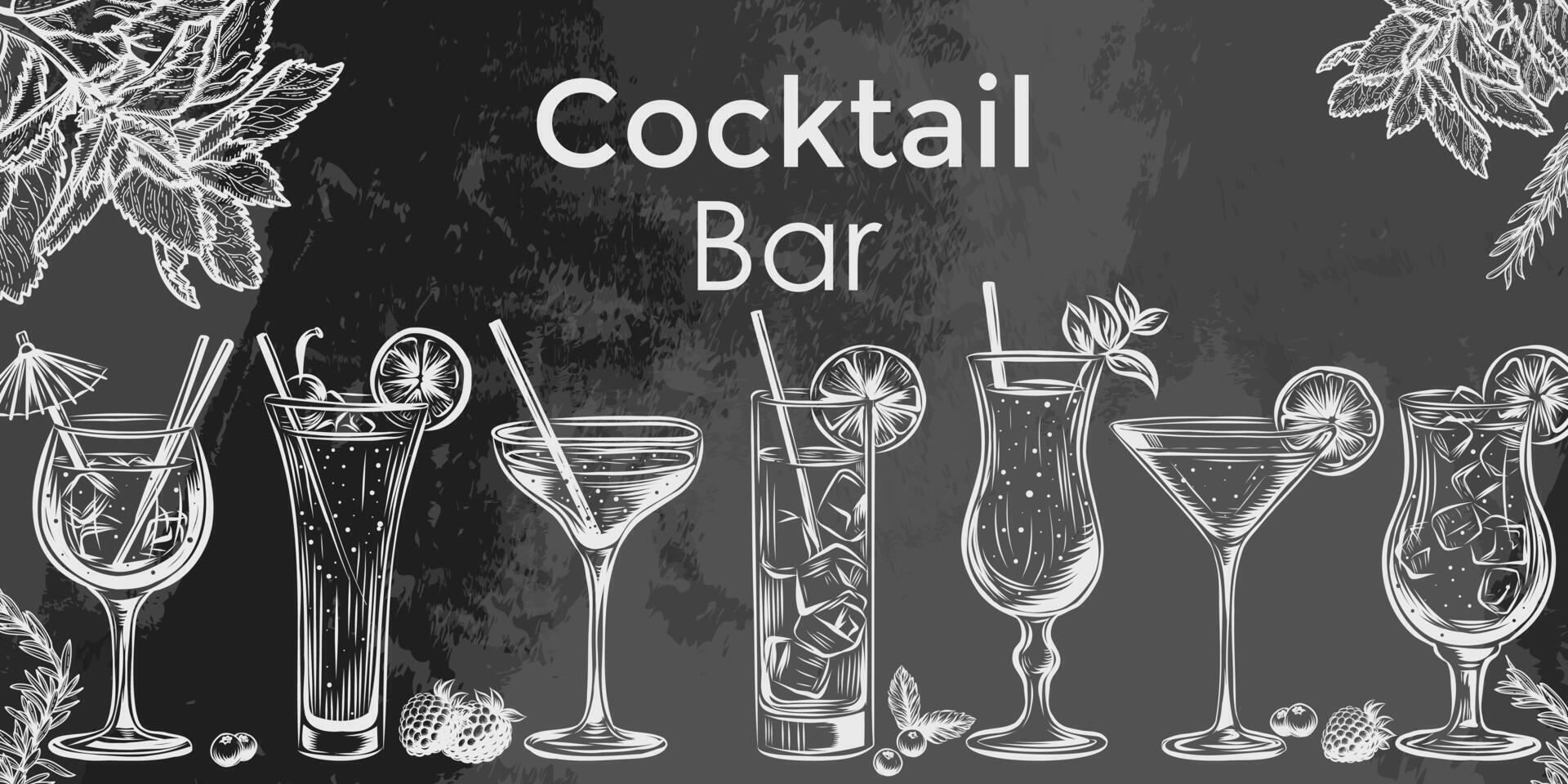 Vektor Gliederung Hand gezeichnet Illustration mit Alkohol Brille und alkoholisch Getränke auf Tafel Hintergrund. Speisekarte Design Vorlage.