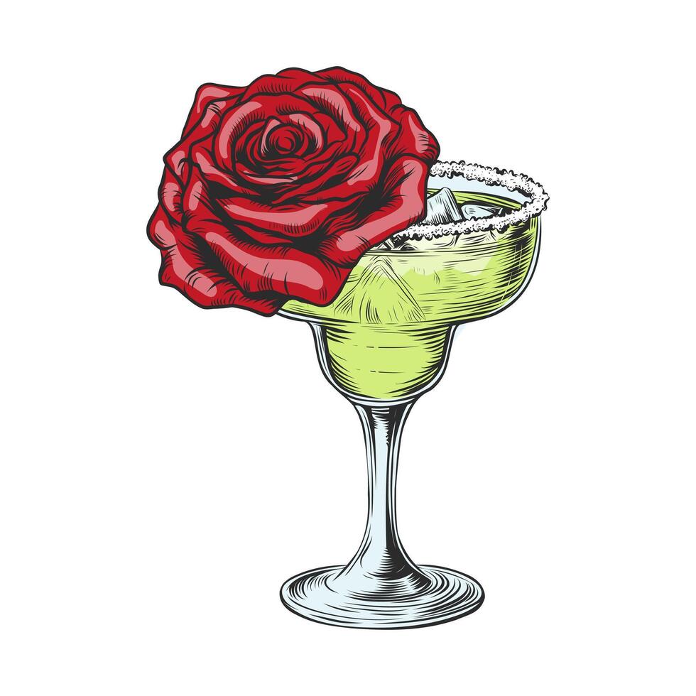 cocktail margarita skiss illustration med reste sig blomma. hand dragen vektor illustration isolerat på vit bakgrund. design element för Lycklig timme, meny, bar, damer natt.