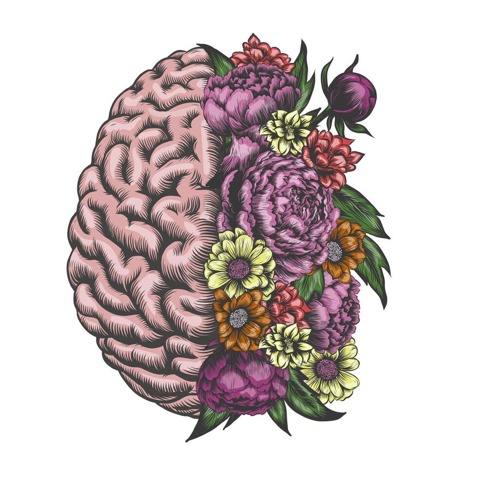 Hand gezeichnet Hälfte Gehirn und Blumen Konzept zum mental Gesundheit. Blumen- Gehirn, Gehirn mit Wildblumen. Vektor Abbildungen isoliert auf Weiß Hintergrund. Jahrgang Design zum drucken T-Shirt, Aufkleber, Poster