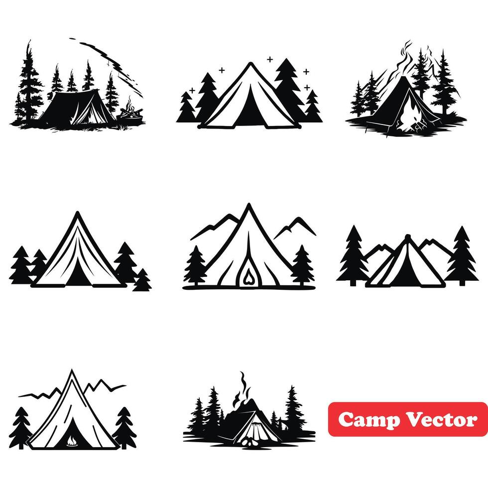 ai generiert wegweisend Abenteuer vielfältig Camping Vektor Silhouette Sammlung zum draussen Enthusiasten