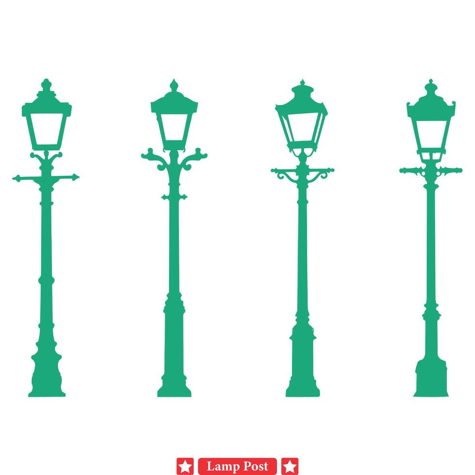 stadsbild belysning element dekorativ lampa posta silhuetter vektor