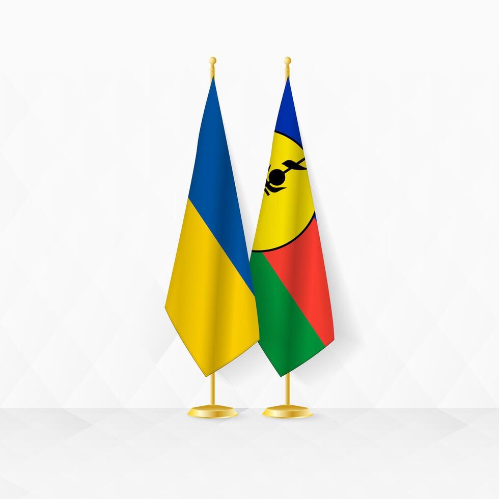 Ukraine und Neu Kaledonien Flaggen auf Flagge Stand, Illustration zum Diplomatie und andere Treffen zwischen Ukraine und Neu Kaledonien. vektor