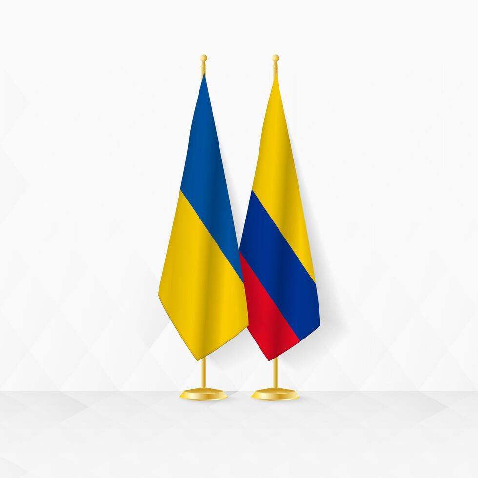 Ukraine und Kolumbien Flaggen auf Flagge Stand, Illustration zum Diplomatie und andere Treffen zwischen Ukraine und Kolumbien. vektor