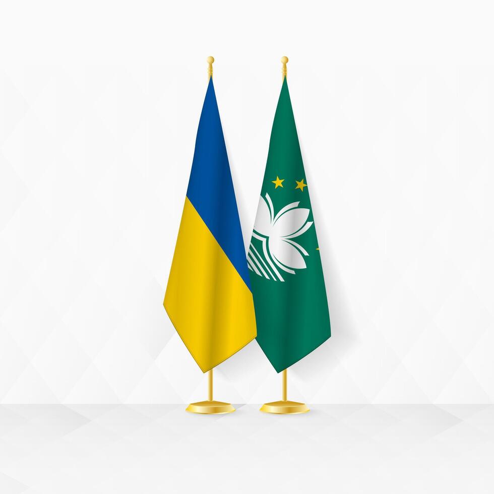 ukraina och macau flaggor på flagga stå, illustration för diplomati och Övrig möte mellan ukraina och macau. vektor