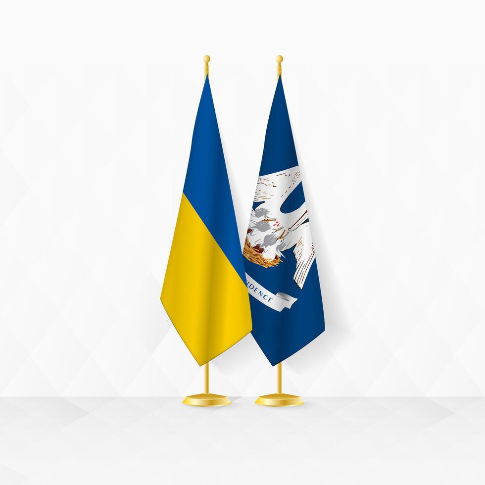 Ukraine und Louisiana Flaggen auf Flagge Stand, Illustration zum Diplomatie und andere Treffen zwischen Ukraine und Louisiana. vektor