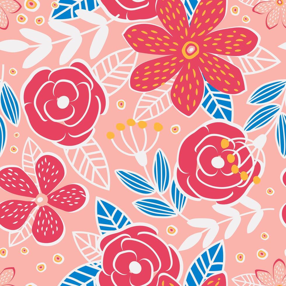 fantasi reste sig blommor, löv och grenar form en modern botanisk sömlös mönster för textilier på en rosa bakgrund. vektor. vektor
