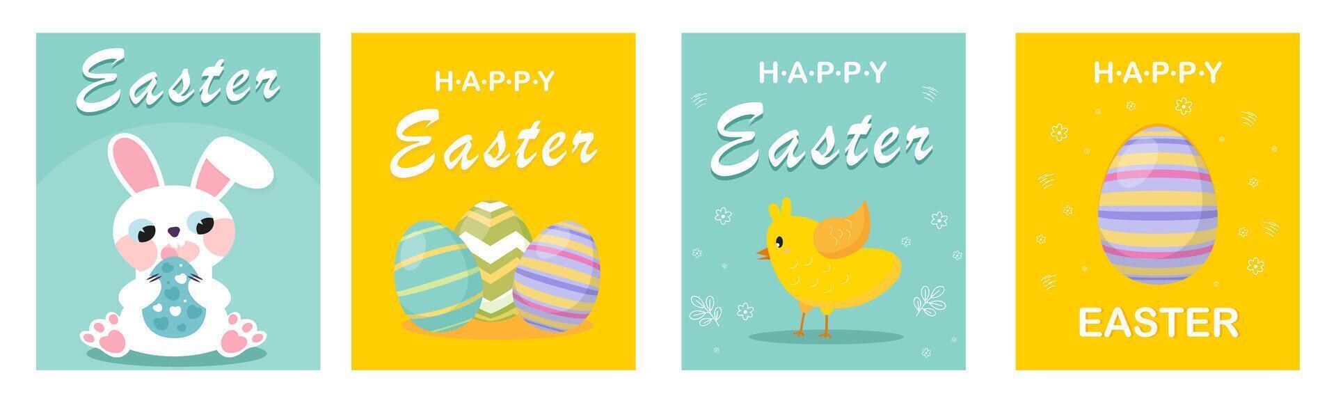 uppsättning av Lycklig påsk kort med kanin och påsk ägg. vektor kort. vertikal kort