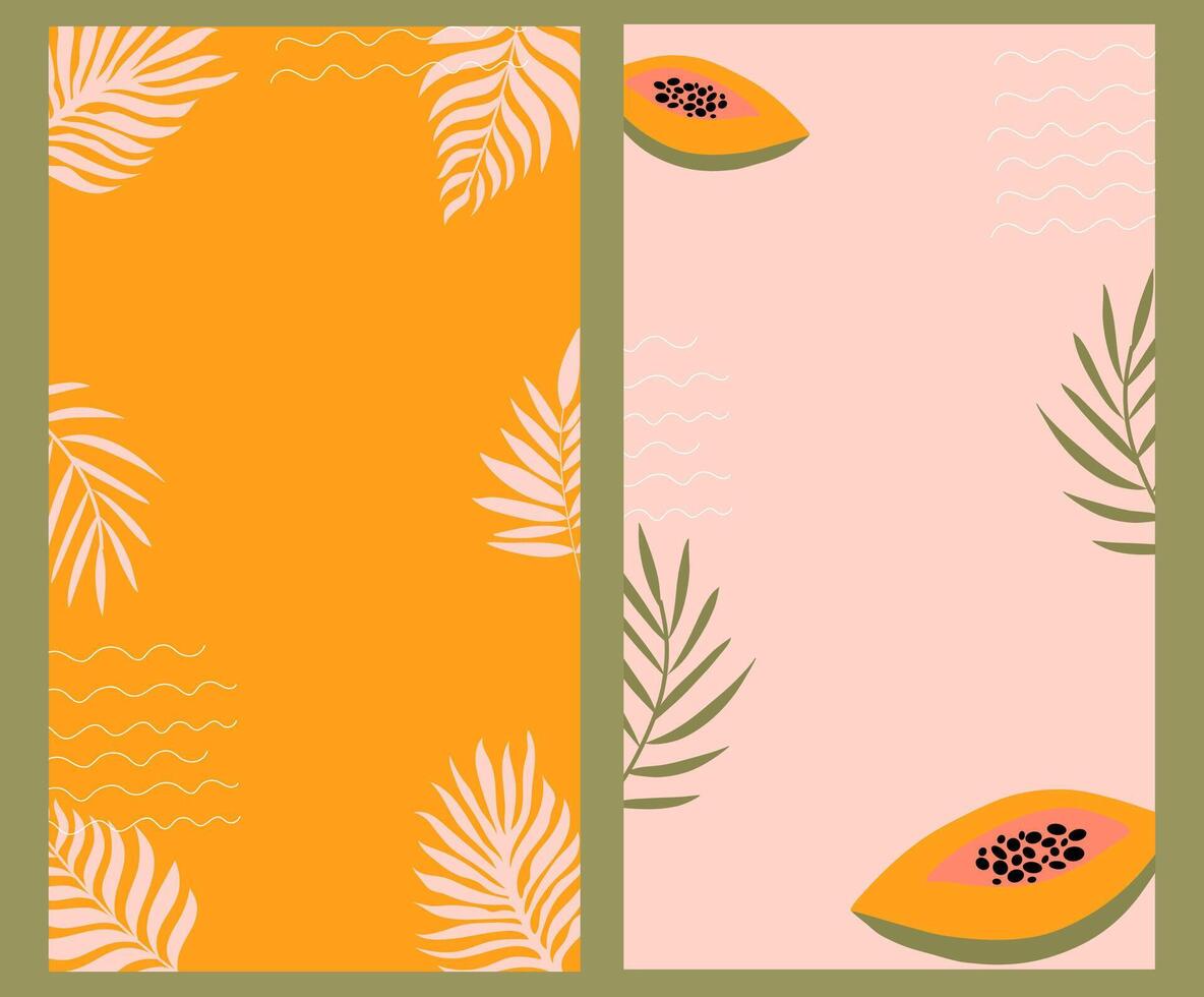 bunt Sommer- Vorlagen mit Kopieren Raum. handgemalt Vertikale Banner mit Palme Blätter und Papaya. vektor