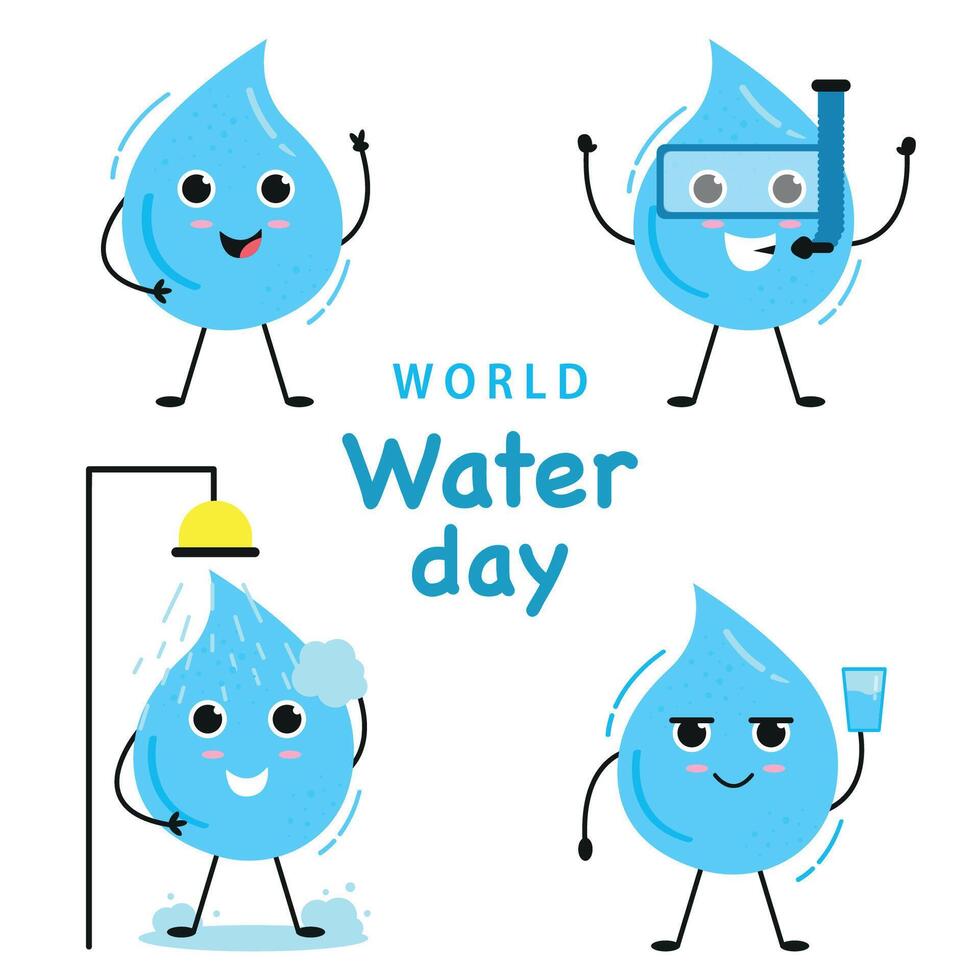 värld vatten dag. uppsättning söt tecknad serie tecken blå vatten droppar. vektor illustration isolerat på vit bakgrund