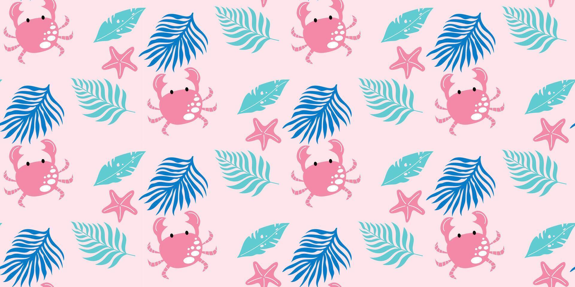 tropisch Muster mit Krabbe, Palme Blätter und Seestern auf Rosa Hintergrund. Vektor nahtlos Design.