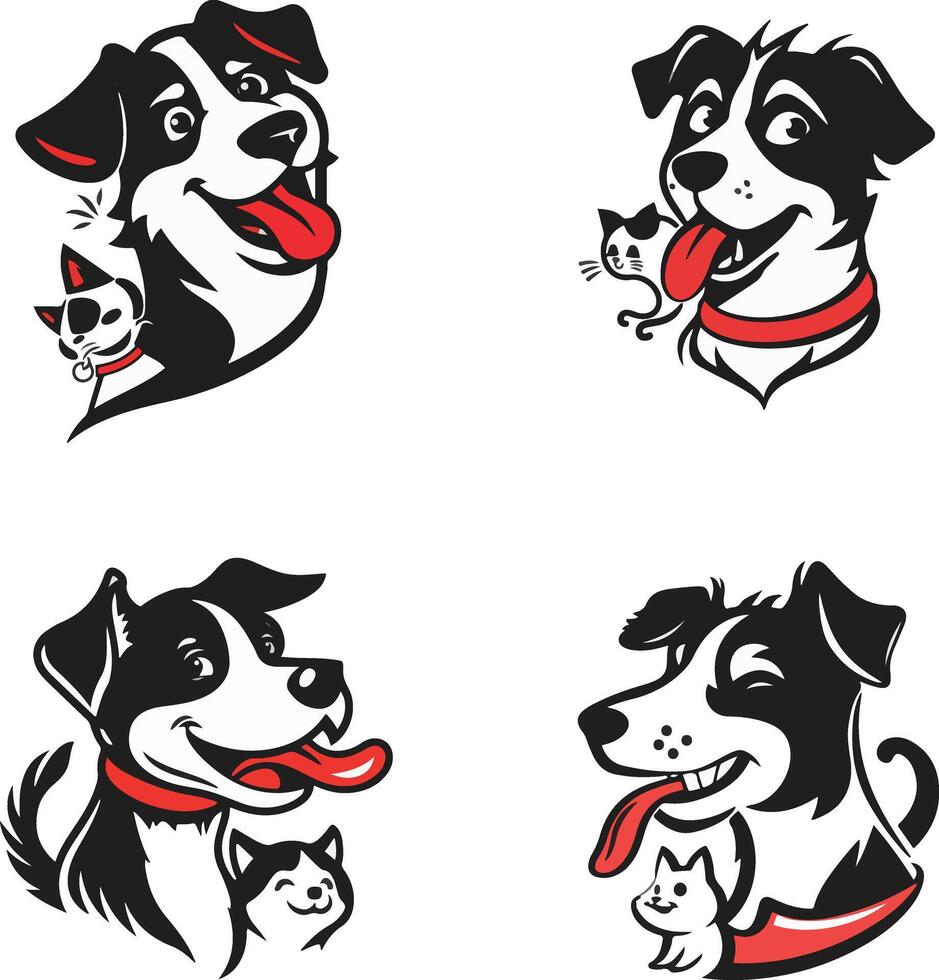 ein Hund mit ein rot Halsband und ein Katze im das Mitte mit ein Katze im das Mund vektor