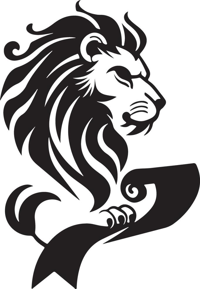 enkel logotyp av en sida profil av en klok, heraldisk lejon logotyp läsning en skrolla i de stil av da Vinci med Nej text vektor