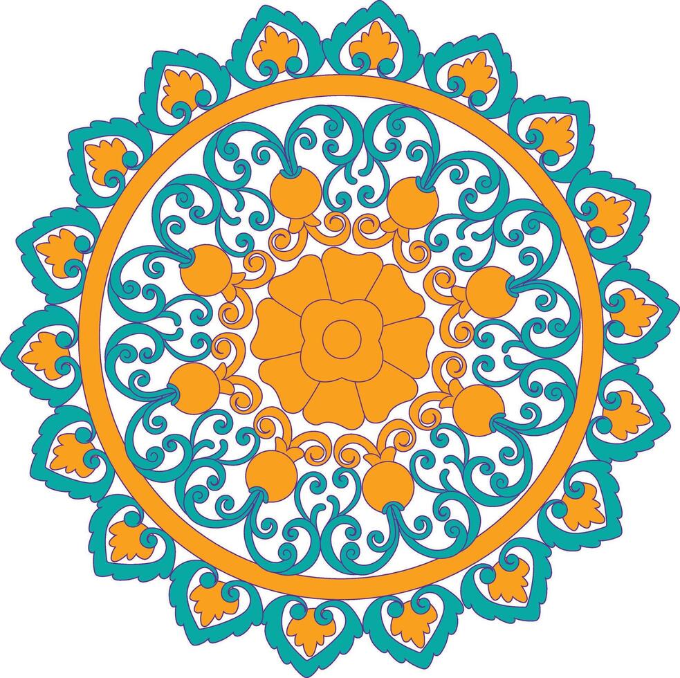 ein Design Mandala im Gelb und Blau mit Orange und Grün Farben. vektor