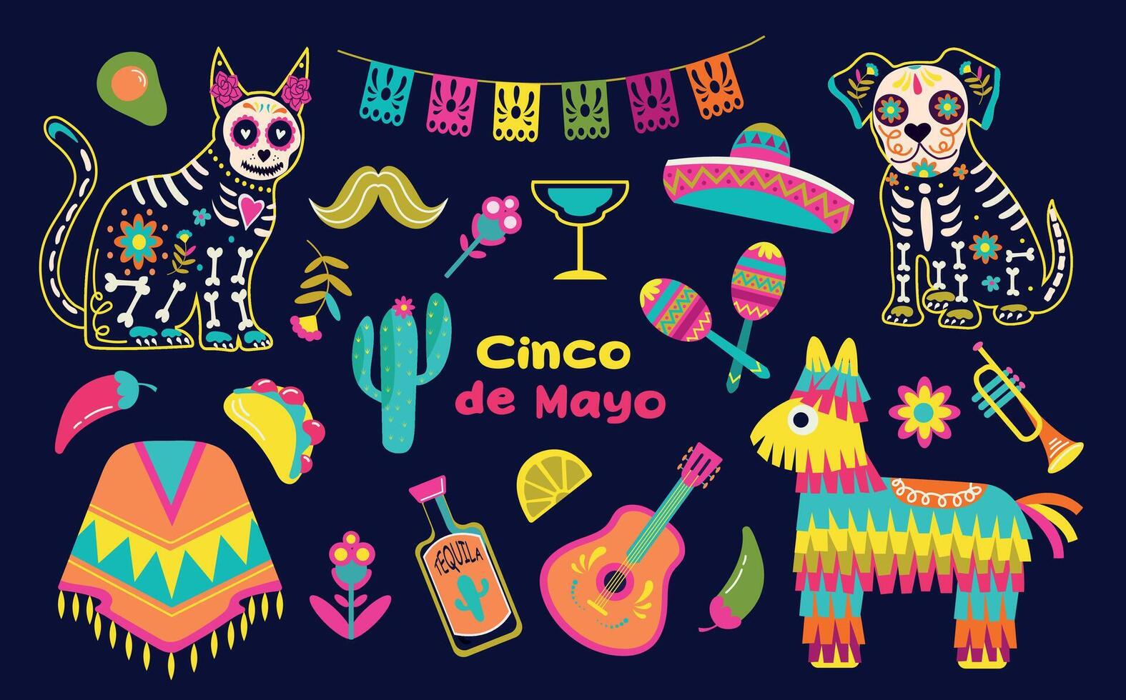 cinco de mayo klistermärke uppsättning, Maj 5, statlig Semester i Mexiko. dekorerad skallar, blommor, skelett, kaktus, sambrero, tequila, gitarr. vektor illustration bakgrund.