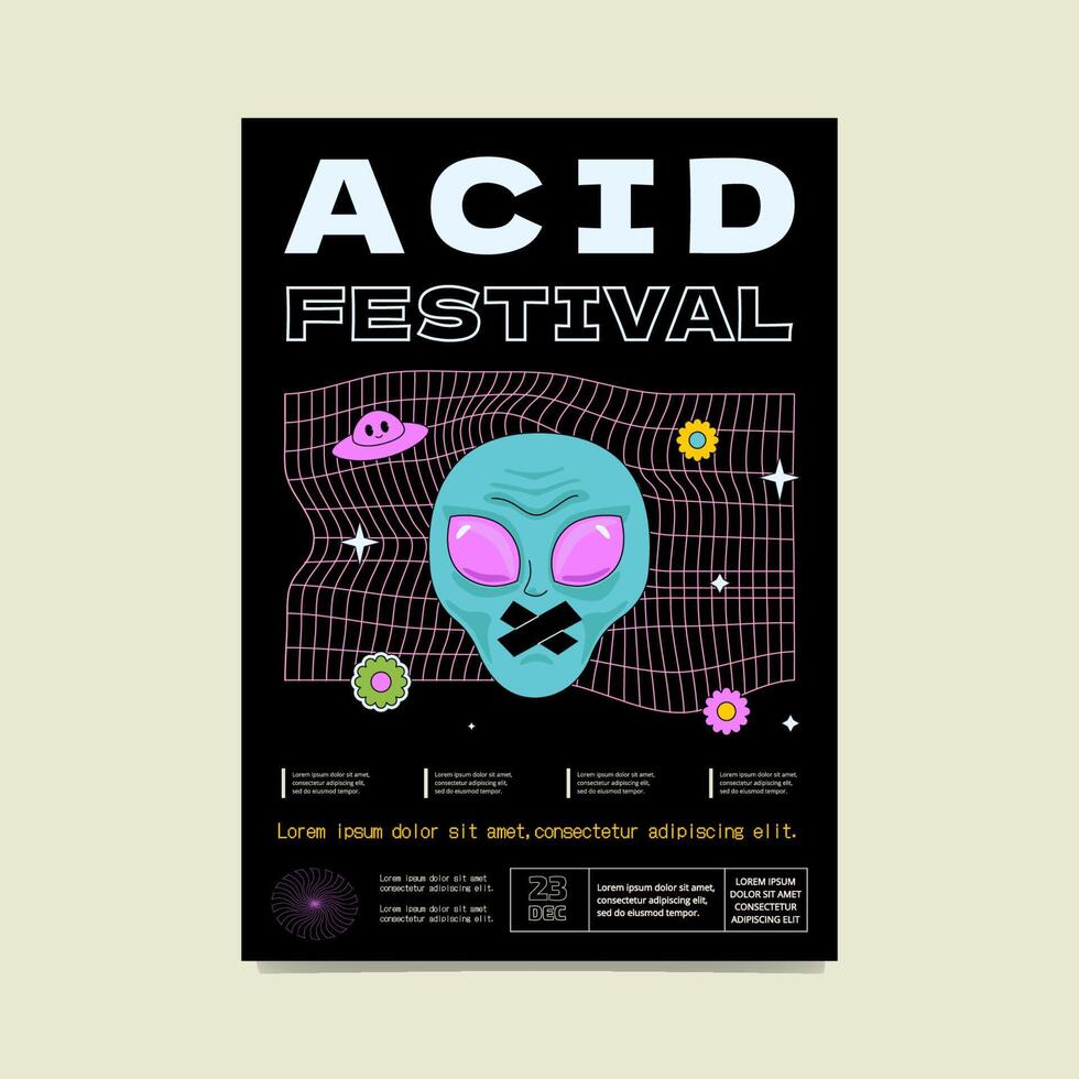 psychedelisch Poster mit das Gesicht von ein Außerirdischer, deren Mund ist geklebt und Gittergewebe Hintergrund. minimalistisch Rave Kunstwerk. vektor